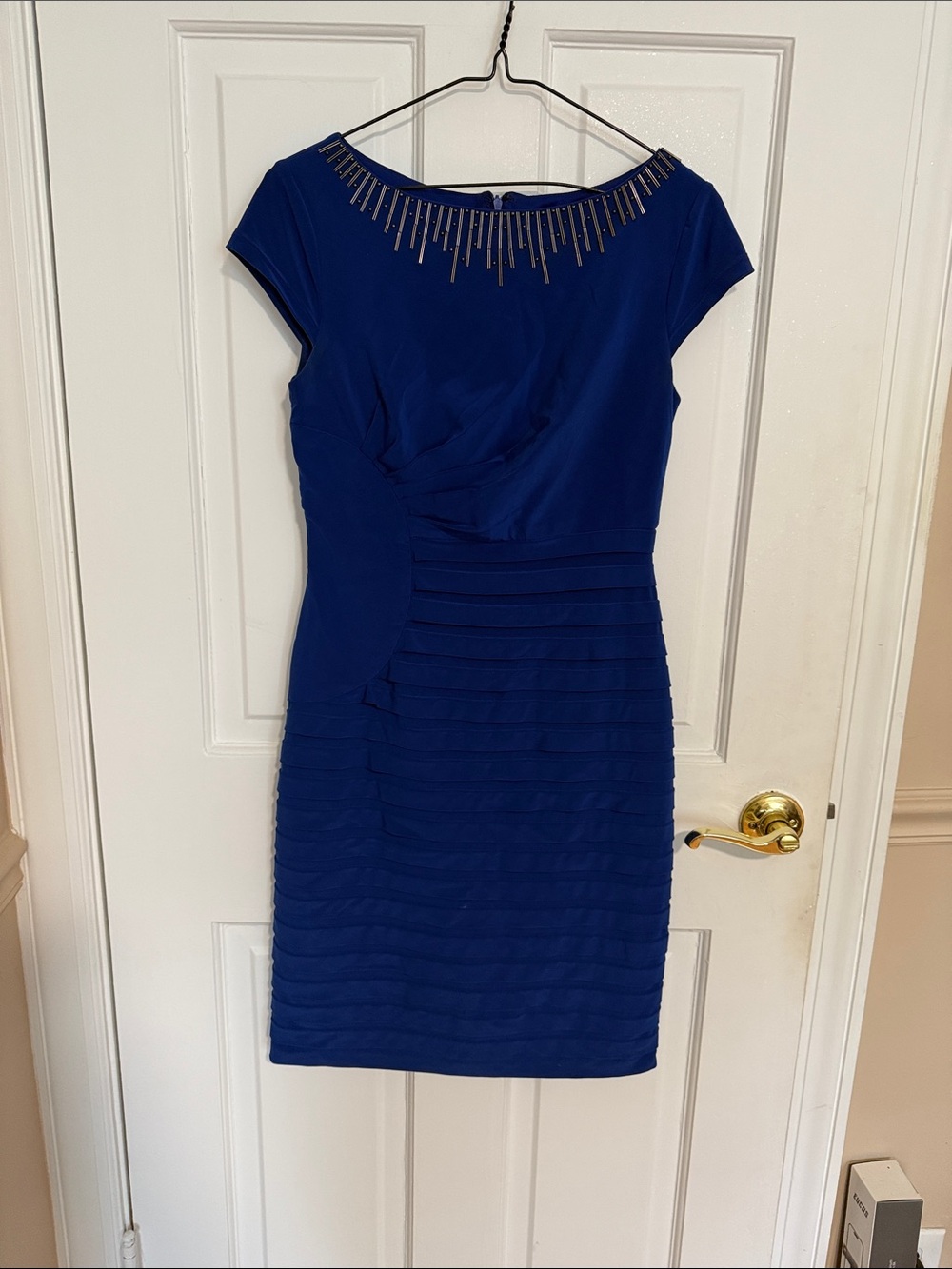 Adrianna Papell Royal Blue Beaded-Neck Midi Dress